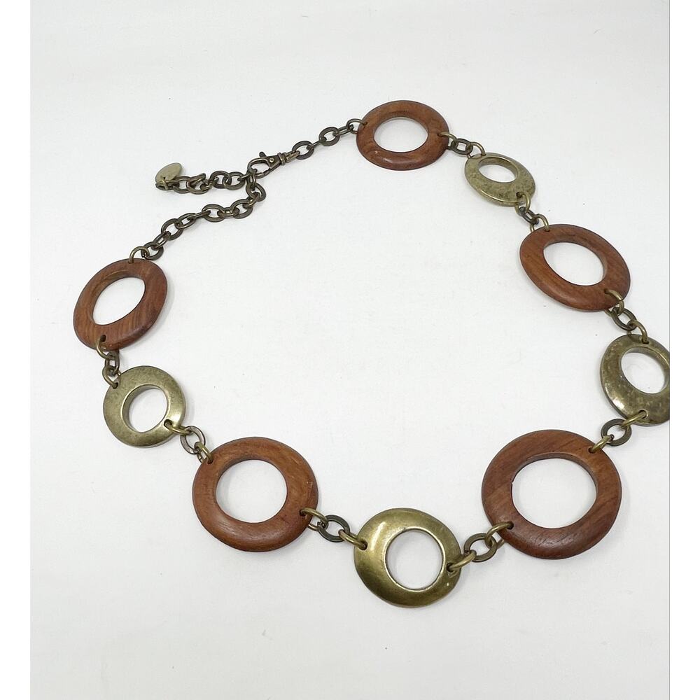 Vintage Wood And Brass Wooden Metal Adjustable Belt Boho Mod Retro One Size